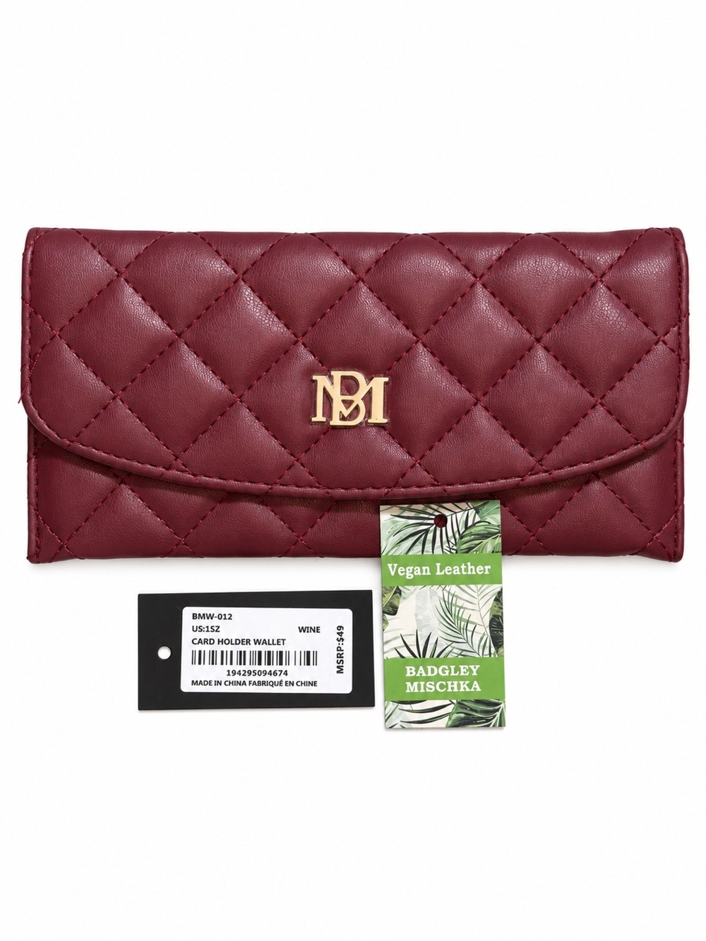 Badgley Mischka NWT Wine Quilted Vegan Leather Envelope Wallet